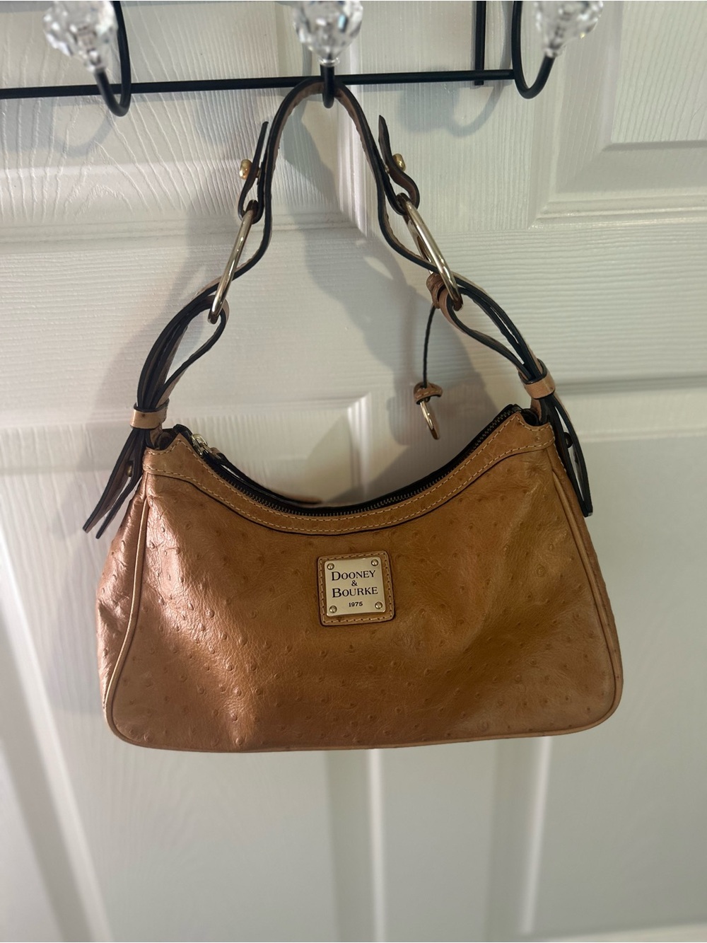 Dooney & Bourke Tan Ostrich-Embossed Shoulder Bag with Dark Trim